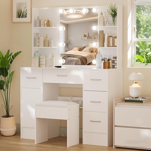 Teousev Vanity Desk with Mirror,Make up Vanity with 1 Stool 6 Drawers 6 Shelves & LED Mirror,3 Modes Light Adjustable,Vanity Desk for Bedroom,White,39.5" L*15.8" W*55.2" H. Teousev