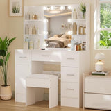 Teousev Vanity Desk with Mirror,Make up Vanity with 1 Stool 6 Drawers 6 Shelves & LED Mirror,3 Modes Light Adjustable,Vanity Desk for Bedroom,White,39.5" L*15.8" W*55.2" H. Teousev