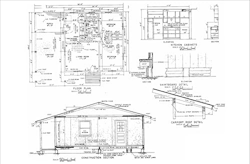 Generic 24x24 Tiny Home Cabin Building Plans - 2 Bedrooms, Living Room, Kitchen, Bath, Porch & Carport - Drawings