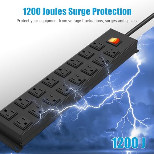 HHSOET Metal 16 Outlet Mountable Power Strip, Wall Mount Garage Workbench Socket, Gaming Table Surge Protector with 6 FT Power Cord.(Black) HHSOET