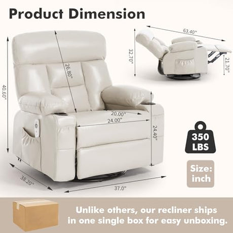 Comermax Rocking Recliner with Heat and Massage, Wide Seat Heated Massaging Reclining Chair for Home Theater, Faux Leather Manual Swivel Rocker Recliner Chair with Cup Holder for Adult, Beige Comermax