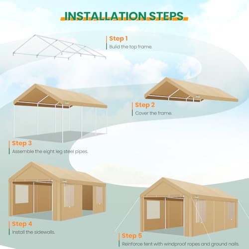 COBIZI Carport Canopy 12x20 Heavy Duty Portable Garage with Removable Sidewalls & Doors, Car Port Canopy Tent with Built-in Sandbags & All-Season Tarp for Car Boat Truck, Khaki COBIZI