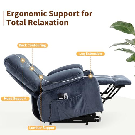 PoteSoar Power Lift Recliner Chair for Elderly with Massage and Heat, Comfortable Electric Power Reclining Chair with Side Pockets,2 Cup Holders and USB Charging Port for Living Room (Blue) PoteSoar