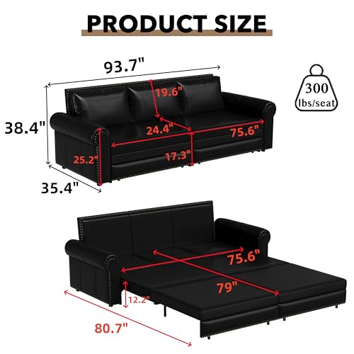 Tabaray 93.7" King Pull Out Sofa Bed, Faux Leather Sleeper Sofa Couch, 3 in 1 Convertible Futon Couches for Living Room, Small Space, Apartment, Office, Bedroom, Modern Rivet Armrest, Black Tabaray
