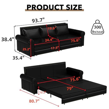 Tabaray 93.7" King Pull Out Sofa Bed, Faux Leather Sleeper Sofa Couch, 3 in 1 Convertible Futon Couches for Living Room, Small Space, Apartment, Office, Bedroom, Modern Rivet Armrest, Black Tabaray