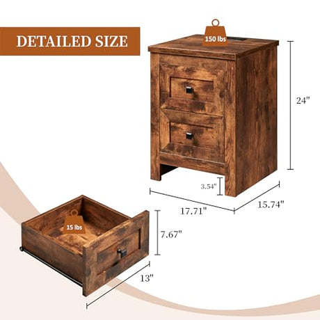 AMERLIFE Nightstand Set of 2 with Charging Station, Rustic Bedside Table with Drawers Storage, Farmhouse Wood Night Stand for Bedroom, Living Room, Rustic Brown AMERLIFE
