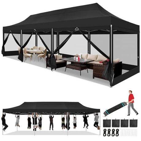 COBIZI 10x30 Heavy Duty Pop Up Canopy with 8 Sidewalls, Commercial Gazebo Party Tent with Mosquito Netting Wall Easy Set Up Outdoor Instant Screen Tent for Backyard, Patio, Garden, Black COBIZI