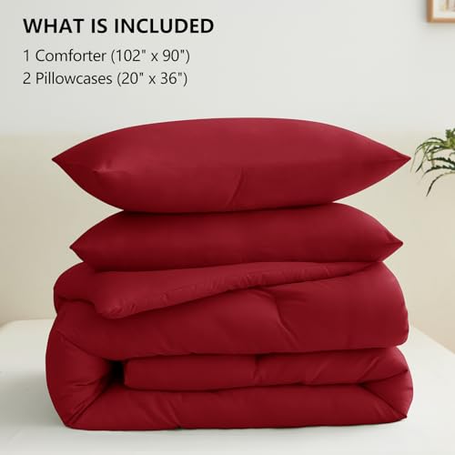 CozyLux King Size Comforter Set Dark Red, 3 Pieces Solid Breathable Quilted Style Bedding Sets, Luxury Fluffy Soft Bed Set with Down Alternative Comforter for All Season (1 Comforter & 2 Pillowcases)
