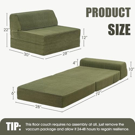 Kasunpul Folding Sofa Bed with Pillow, Memory Foam Fold Out Chair Bed, Convertible Sleeper Chair with Washable Cover, Futon Floor Couch for Living Room/Dorm/Guest Use/Home Office/Apartment, Green Kasunpul