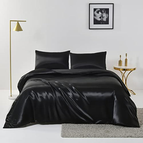 Ydtwnyq Chanyuan Black Silky Satin Duvet Cover Full Size Luxurious Smooth Silky Bedding Set Soft Microfiber Bedding Collection Cool 79"X90" Duvet Cover,2 Pillowcases Ydtwnyq