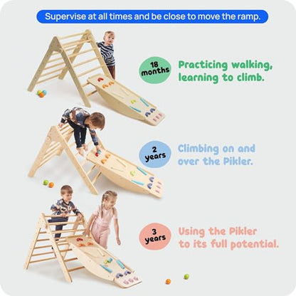 GROWGO Pikler Triangle Climber with Ramp - Toddler Climbing Toys Indoor Montessori Climbing Toy Set Pickle Triangle Montessori, Baby Climbing Toys Indoor, Pickler Set Wooden Play Gym, Kids Climbers