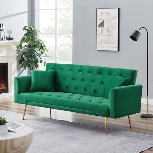 71.65'' Convertible Sofa Bed Modern Futon Set, Velvet Foldable Reclining Loveseat, Three Adjustment Angles,Mid Century Modern Couches for Living Room/Bedroom/Apartment, Easy Assembly,Green Meqiodas