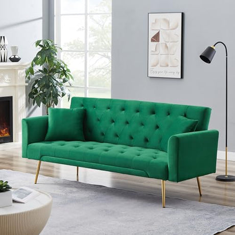 71.65'' Convertible Sofa Bed Modern Futon Set, Velvet Foldable Reclining Loveseat, Three Adjustment Angles,Mid Century Modern Couches for Living Room/Bedroom/Apartment, Easy Assembly,Green Meqiodas