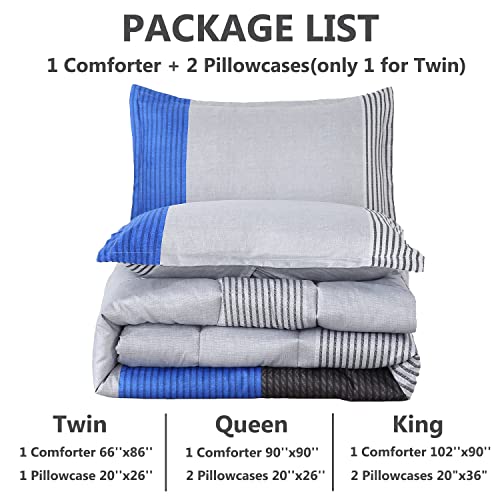 PERFEMET Twin Comforter Set 3 Pieces Bedding Set All Seasons Masculine Striped Pattern Vintage Farmhouse Soft Cozy Bedroom for Elegant Men Teen Girls Boys Gray and Blue PERFEMET