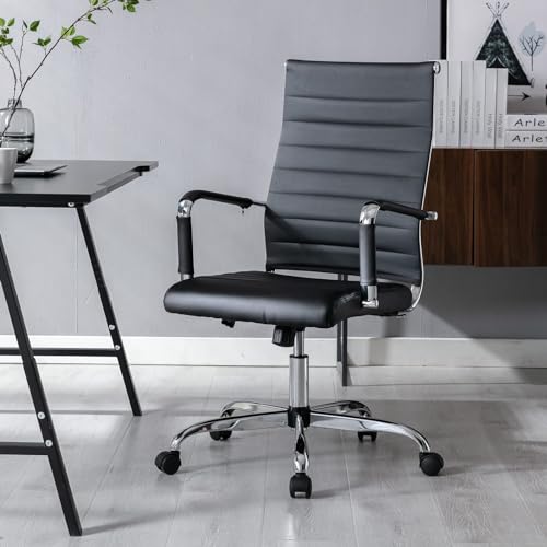 Walmokid Office Desk Chair with Wheels Set of 8, Ergonomic Black Leather Conference Room Chairs Height Adustable | Ribbed High Back | Swivel Rolling Task Chair, Black Walmokid