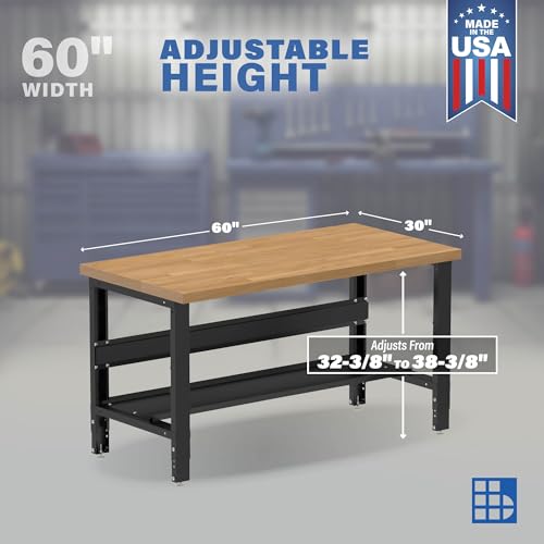 Borroughs® 60" Adjustable Workbench, Hardwood Top Heavy-Duty Workstation with Bottom Shelf, 2000 LBS Load Capacity Worktable for Workshop, Garage, Borroughs