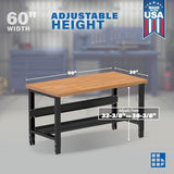 Borroughs® 60" Adjustable Workbench, Hardwood Top Heavy-Duty Workstation with Bottom Shelf, 2000 LBS Load Capacity Worktable for Workshop, Garage, Borroughs
