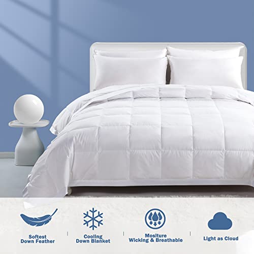 Dafinner Feather Down Blanket Full/Queen Size, Extra Lightweight Summer Comforter, Noiseless & Ultra Soft Thin Bed Blanket with Satin Trim (90"x90", White) Dafinner