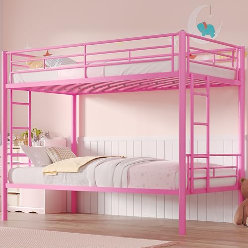 VECELO Bunk Bed Twin Over Twin, Metal Bunkbeds with Ladder and Full-Length Guardrail, No Box Spring Needed, Space Saving, Noise Free, Light Pink VECELO
