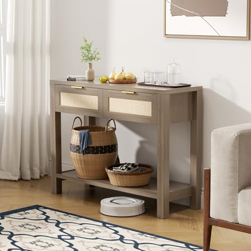 YUUIJOAA Boho Chic Console Table with 2 Rattan Drawers and Open Shelf Storage, Narrow Farmhouse Sofa Table for Small Space Entryway, Living Room,Hallway, Caramel Oak YUUIJOAA