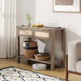YUUIJOAA Boho Chic Console Table with 2 Rattan Drawers and Open Shelf Storage, Narrow Farmhouse Sofa Table for Small Space Entryway, Living Room,Hallway, Caramel Oak YUUIJOAA