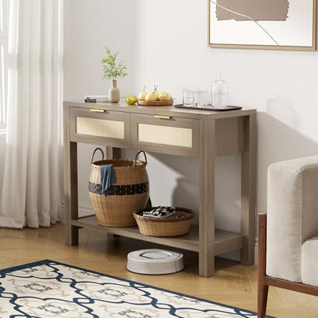 YUUIJOAA Boho Chic Console Table with 2 Rattan Drawers and Open Shelf Storage, Narrow Farmhouse Sofa Table for Small Space Entryway, Living Room,Hallway, Caramel Oak YUUIJOAA