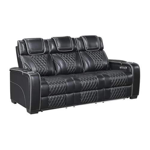 Lexicon Power Double Reclining Sofa, Center Drop-Down Table with Heat/Massage/Headrest/Storage Arms/Cup Holders/LED Lights/Wireless Charging, Top Grain Leather Match Wall Hugger Recliner Sofa, Black