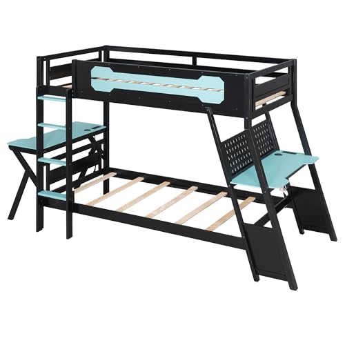 SOFTSEA Gaming Bunk Bed with Desk, Storage, Pegboard & Charging Station, Twin Over Twin Wood Bunk Bed with 2 Desks for Kids Teens & Adults, Space Saving, Black & Blue SOFTSEA