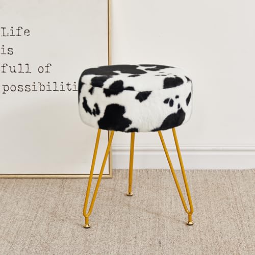 Velvet Vanity Stool Chair, Modern Ottoman Foot Rest Stool with Adjustable Golden Legs, Makeup Chair for Vanity, Multifunctional Makeup Stool for Vanity, Small Vanity Chair for Bedroom, Cow - WoodArtSupply