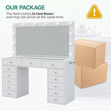 Yanosaku 47" Makeup Vanity with Charging Station, 13 Drawers Vanity Desk with 12 LED Bulbs and HD Mirror, 3 Color Brightness Adjustable, Glass Top, Vanity Set for Bedroom, White Yanosaku
