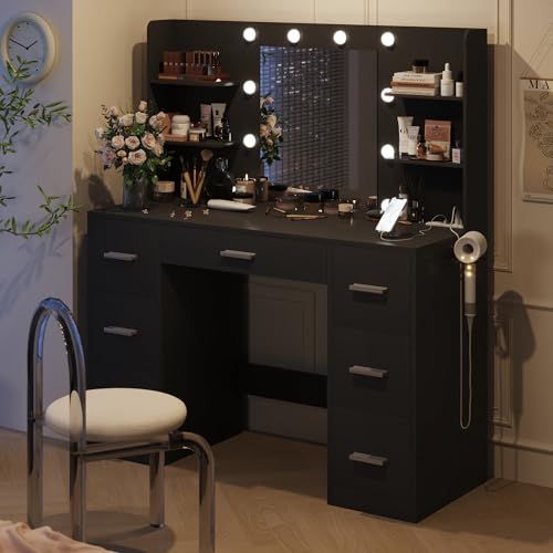 YESHOMY Vanity Desk with Mirror, Power Outlet and 10 Lights, Makeup Table with 7 Drawers, 3 Color Modes Available for Bedroom, Pure Black