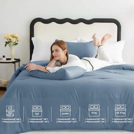 CozyLux Grayish Blue Queen Comforter Set, 3 Pieces Dusty Blue Solid Breathable Quilted Bedding Sets, Luxury Soft Fluffy Bed Set with Down Alternative Comforter All Season (1 Comforter & 2 Pillowcases) CozyLux