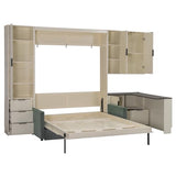 Merax Farmhouse Multi-Functional Murphy Bed with Sofa, Desk & Storage Cabinet,Solid Wood Foldable Wall Bed w/USB Charging Station Space Saving/No Box Spring Needed/Full, Beige + Green Merax