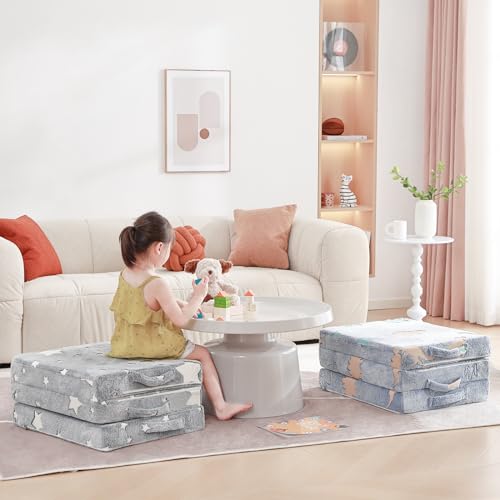 Givjoy Foldable Floor Mattress for Kids, Glow in The Dark Dinosaur Toddler Washable Folding Floor Mat for Nap Daycare, Child Trifold Futon Sofa Bed with Storage Bag for Playroom Girls and Boys Blue Givjoy