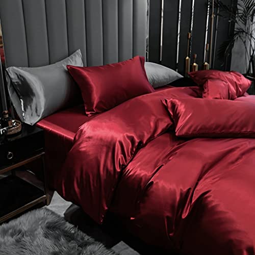 Satin Bedding Set King Wine Red Silk Like Satin Duvet Cover Set Luxury Soft Burgundy Comforter Cover Adults Bedroom Decor Chic Luxurious Silky Bedspread Cover Zipper (1 Duvet Cover + 2 Pillow Case) Feelyou