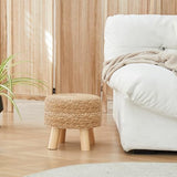 ALeesing Round Ottoman Natural Seagrass Footstool, Round Footstool with 4 Wood Legs, Hand Woven Round Footstool Sofa Stool, Multifunctional Modern Dressing Stool, Sofa Side Table for Bedroom (Nature) ALeesing