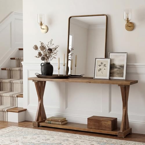 TRIBEWOOD Solid Wood Console Table for Entryway, 63-Inch Narrow Farmhouse Entryway Table with Storage, 2-Tier Sofa Console Behind Couch, for Living Room, Hallway, Easy Assembly, Rustic Brown TRIBEWOOD