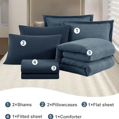 Geniospin King Size Comforter Set- 7 Piece Navy Blue Textured King Bedding Set, Soft Solid Bed in a Bag for All Season, King Comforter Set with Sheets(Navy Blue,102''x90'') Geniospin