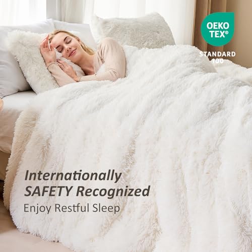 EMME Plush Shaggy White Duvet Cover Set Queen Size 3 Pieces Luxury Fuzzy Comforter Cover Set, Soft Faux Fur Fluffy Winter Bedding Set (White, Queen) EMME