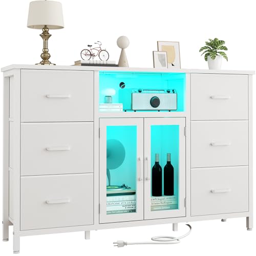 White Dresser for Bedroom Dresser TV Stand with Charging Station for 60" TV 6 Drawer Dresser Entertainment Center with LED Long Fabric Bedroom Dresser Organizer Unit Tall Chest of Drawers for - WoodArtSupply