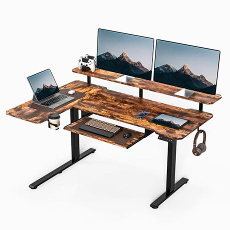 Acrolix 59 Inch L Shaped Standing Desk with Shelves and Keyboard, Electric Corner Standing Desk Adjustable Height, Sit Stand Computer Table with Reversiable Splice Board，Rustic Brown Acrolix