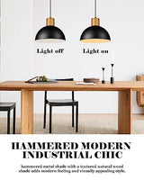 ELYONA Industrial Pendant Light, Rubber Wood Dome Hanging Lamp with 12" Hammered Metal Shade, Modern Pendant Light Fixtures for Kitchen Island, Bar, Farmhouse Dining Room, Bedroom, Hallway - Black ELYONA