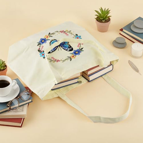 ERKOON Canvas Tote Bag Embroidery Kit for Beginners, Floral Arts Crafts Cross Stitch Kits for Adults Including Stamped Embroidery Bag with Hoops, Needle, Instruction and Color Threads (Butterfly) ERKOON