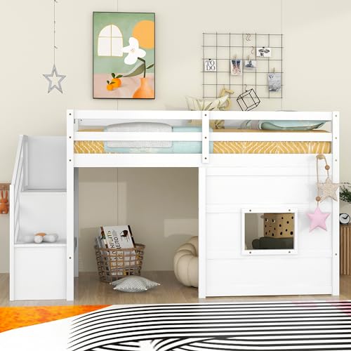 Bellemave Twin Size Low Loft Bed for Kids,Twin Loft Bed with Storage Staircase and Window,Wooden Bed Frame for Teens, Boys, Girls(White)