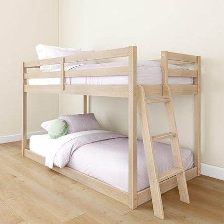 Grain & Grove Bear Twin Over Twin Bunk Bed, Low Bunk Bed Frame for Kids, Bunk with Ladder, Guardrail and Slats, No Box Spring Required, Oak Embossed Natural Grain & Grove