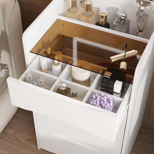 FUFU&GAGA Vanity Desk with Flip Top Mirror and Lights, Small Makeup Vanity Set with Glass Shelf, Space Saving Dressing Table with 3 Drawers & Cushion Stool for Bedroom, White 18.7”W x 15.7”D x 47.2”H FUFU&GAGA