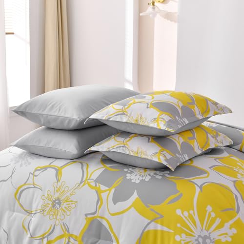 Anibedding Yellow Floral Comforter Set King Size 7 Pieces Reversible Bed in a Bag with Sheets Set for All Season, Soft Microfiber Complete Bedding Set King (104"x90") Anibedding