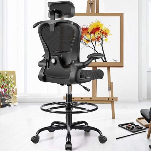 Drafting Chair, Tall Office Chair with 3D Lumbar & Head Support, Ergonomic Mesh Standing Desk Chair with Footring, Comfy Extended High Desk Chair with Flip-Up Arms & Hanger,Black AtHope