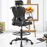 Drafting Chair, Tall Office Chair with 3D Lumbar & Head Support, Ergonomic Mesh Standing Desk Chair with Footring, Comfy Extended High Desk Chair with Flip-Up Arms & Hanger,Black AtHope