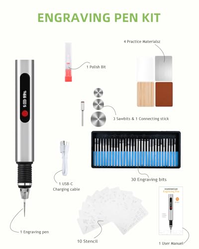 Updated Engraving Pen, 5-Speed Adjustable Cordless Portable Engraver Pen Tool for Artists & DIYers, Beginner Friendly, Rechargeable, Engrave 60+ Surfaces, Free 33 Bits & Mastery Guide(Silver) vueowcue